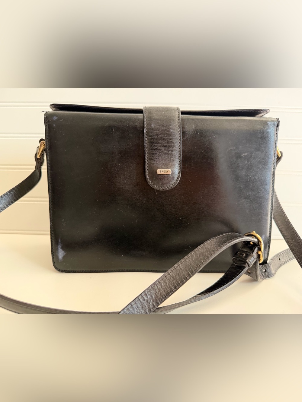 Bally Black Leather Crossbody Bag with Gold Hardware, Vintage
